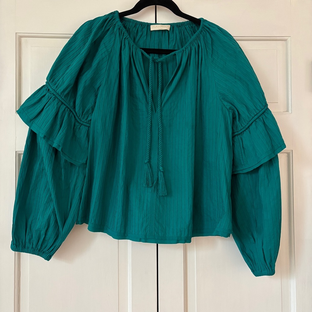 ULLA JOHNSON Concetta Blouse Verdigris Green Peasant Blouse Puff Sleeve Size‎ 10 - Picture 3 of 15